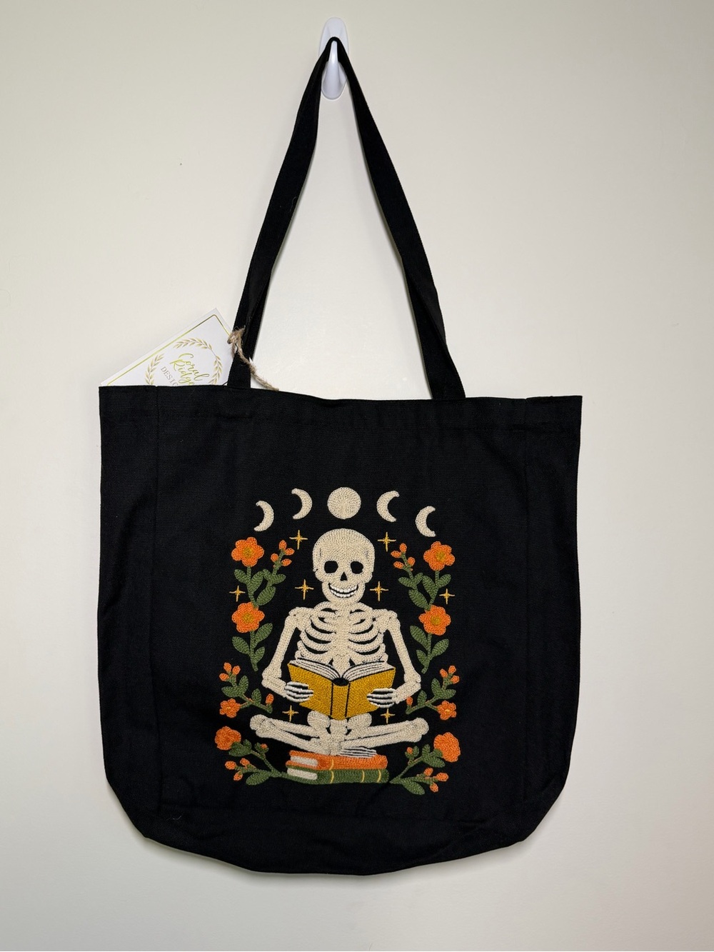 Black Skeleton Reading Embroidered Canvas Tote Bag Book Flowers Moon Reading - Picture 4 of 5